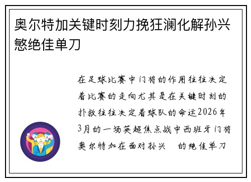 奥尔特加关键时刻力挽狂澜化解孙兴慜绝佳单刀