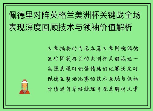 佩德里对阵英格兰美洲杯关键战全场表现深度回顾技术与领袖价值解析